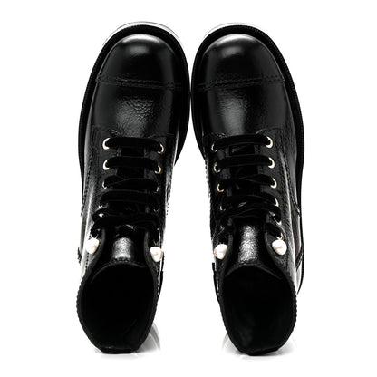 Chanel Shiny Calfskin Velvet Pearl Combat Short Boots 37 Black 2 of 8