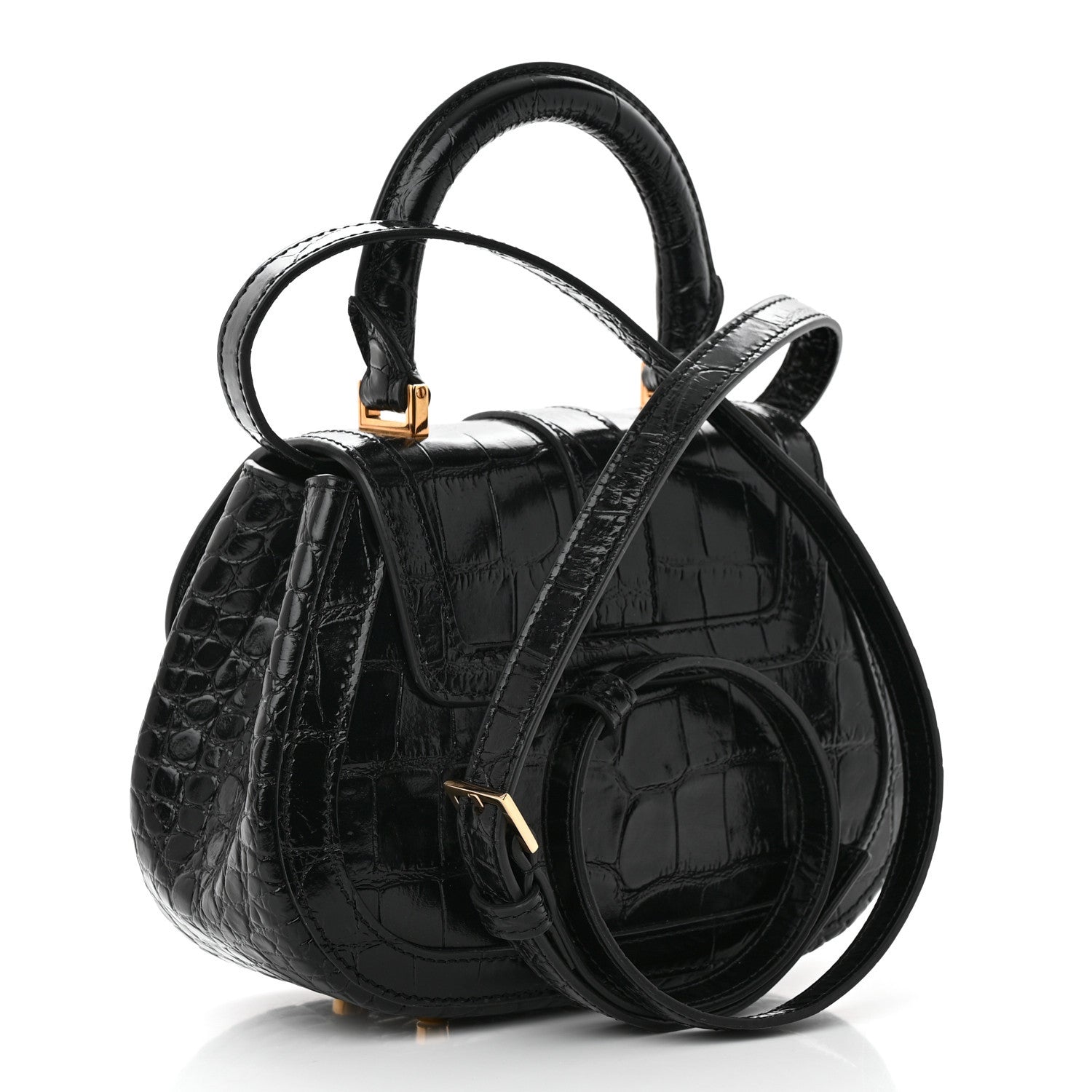 Versace Calfskin Crocodile Embossed Greca Goddess Mini Top Handle Bag Black 3 of 13
