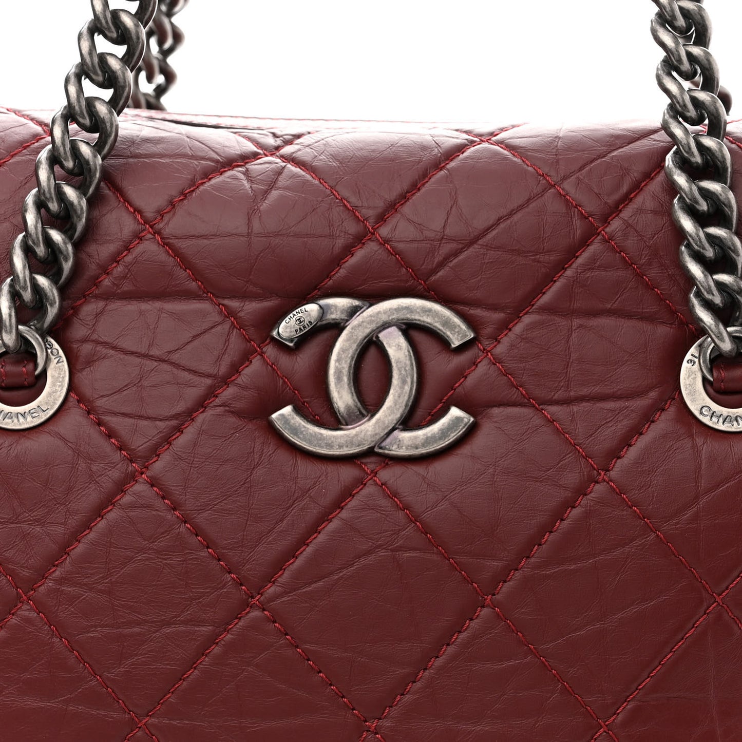 Aged Calfskin Quilted Large Secret Tag Bowling Bag Burgundy