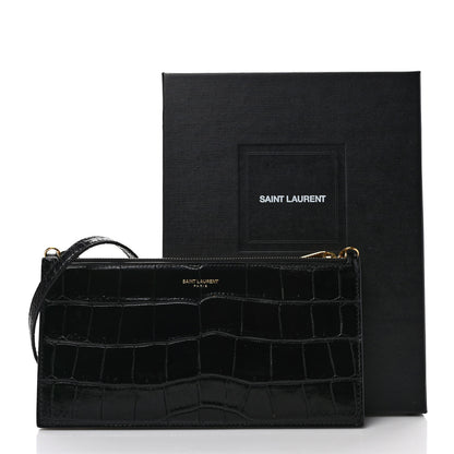 Saint Laurent Calfskin Crocodile Embossed Double Pouch On Chain Black 9 of 9