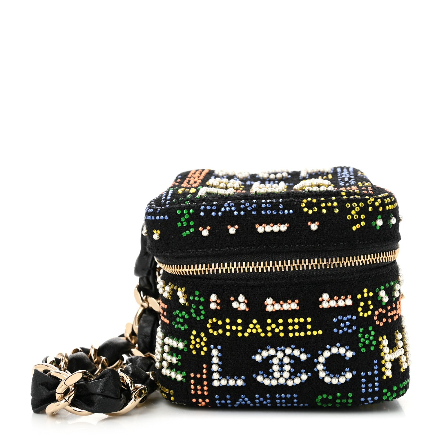 Chanel Tweed Pearl Studded Vanity Wrist Case With Chain Black Multicolor 1 of 11