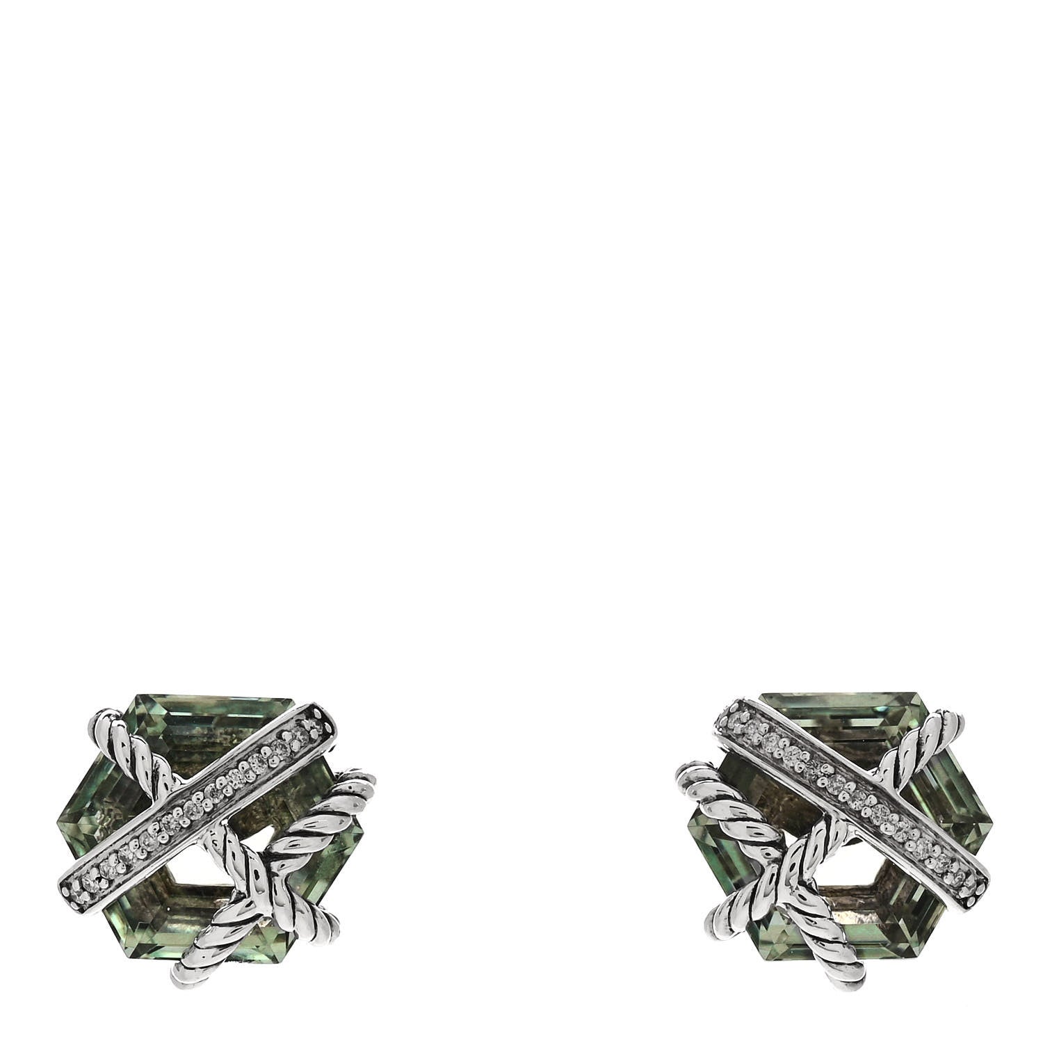 David Yurman Sterling Silver Diamond Prasiolite 10mm Cable Wrap Earrings 1 of 4