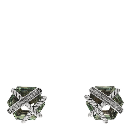 David Yurman Sterling Silver Diamond Prasiolite 10mm Cable Wrap Earrings 1 of 4