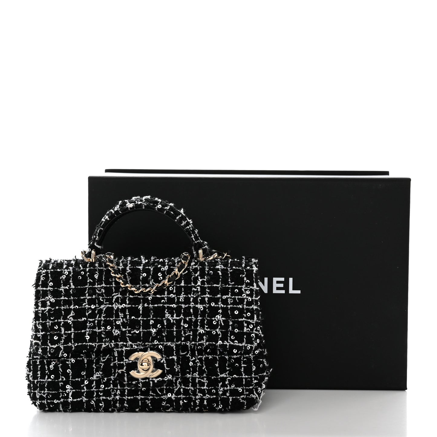 Tweed Quilted Mini Top Handle Rectangular Flap Black White
