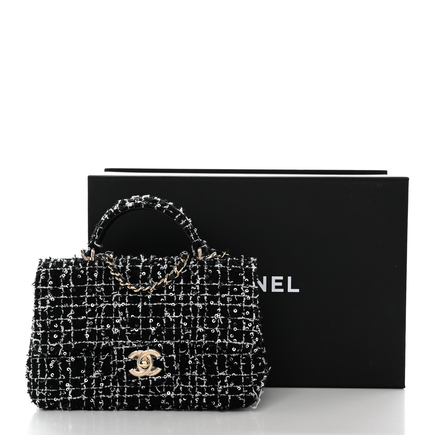 Chanel Tweed Quilted Mini Top Handle Rectangular Flap Black White 12 of 12