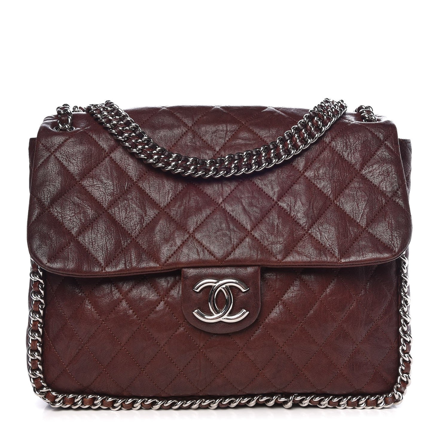 Crumpled Lambskin Quilted Maxi Chain Around Flap Dark Brown