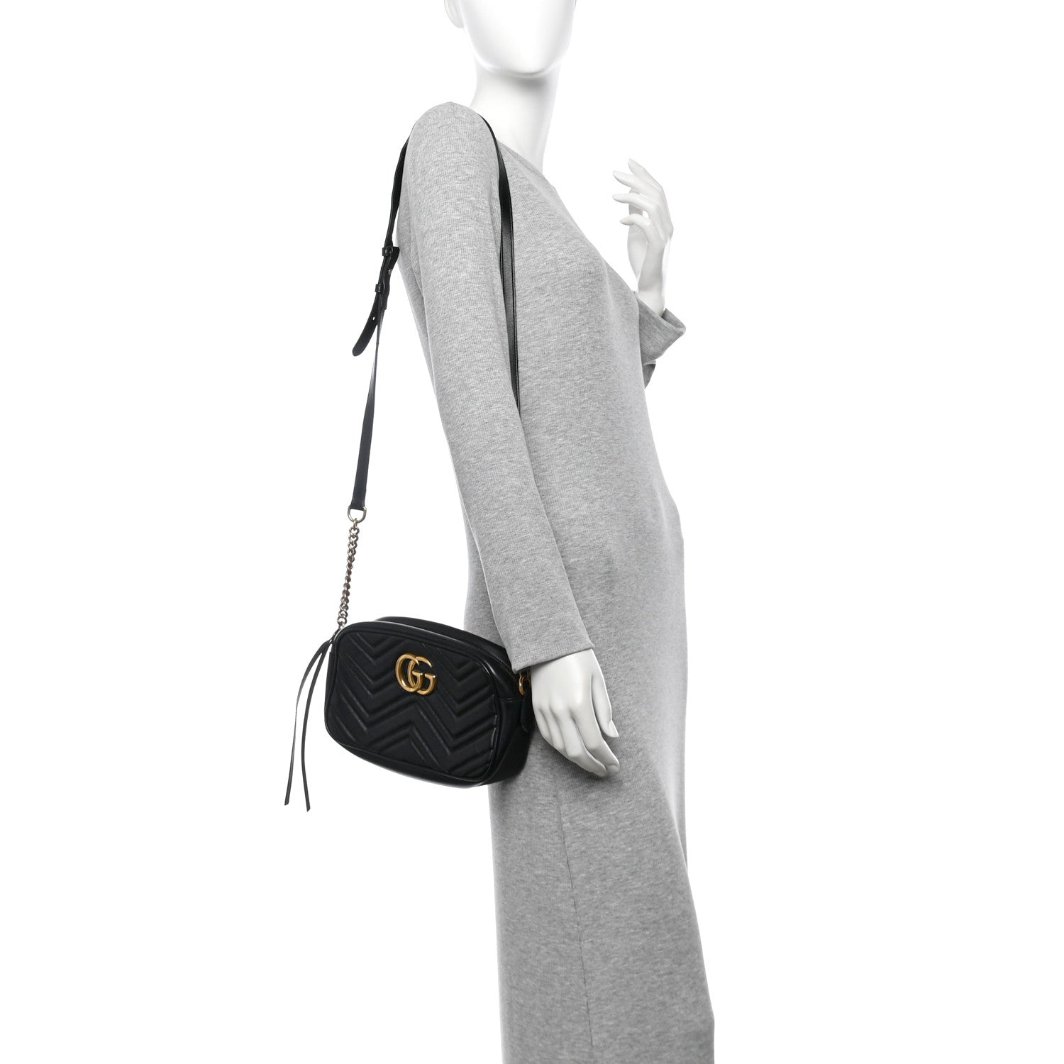 Gucci Calfskin Matelasse Small GG Marmont Chain Shoulder Bag Black 2 of 12