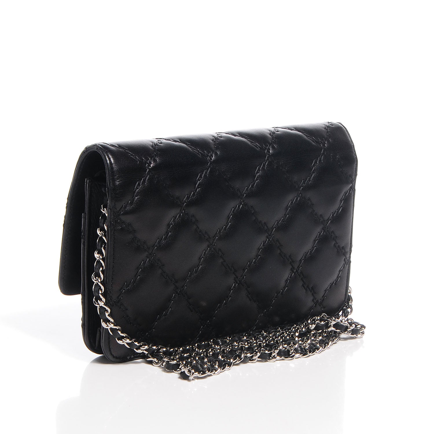 Chanel Calfskin Double Stitch Hamptons Wallet On Chain WOC Black 3 of 11