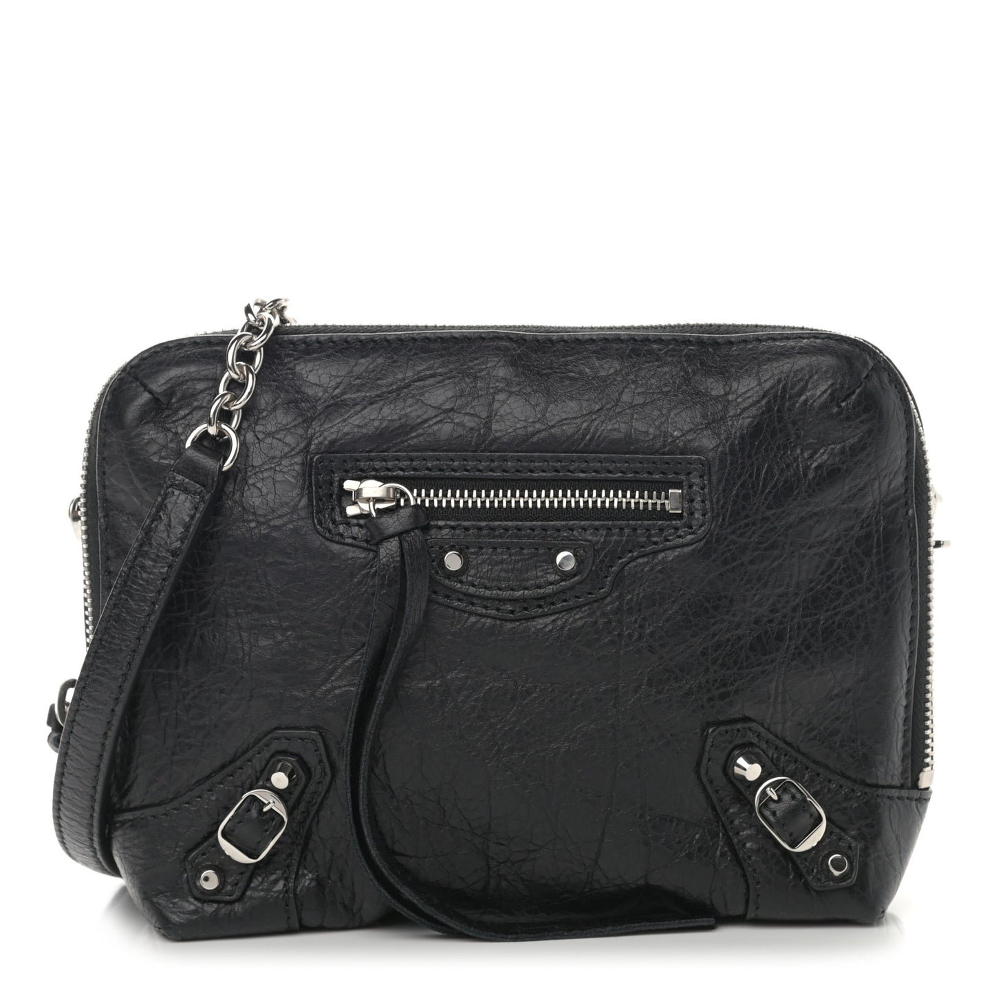 Agneau Classic Silver Hardware Pouch With A Chain Crossbody Black