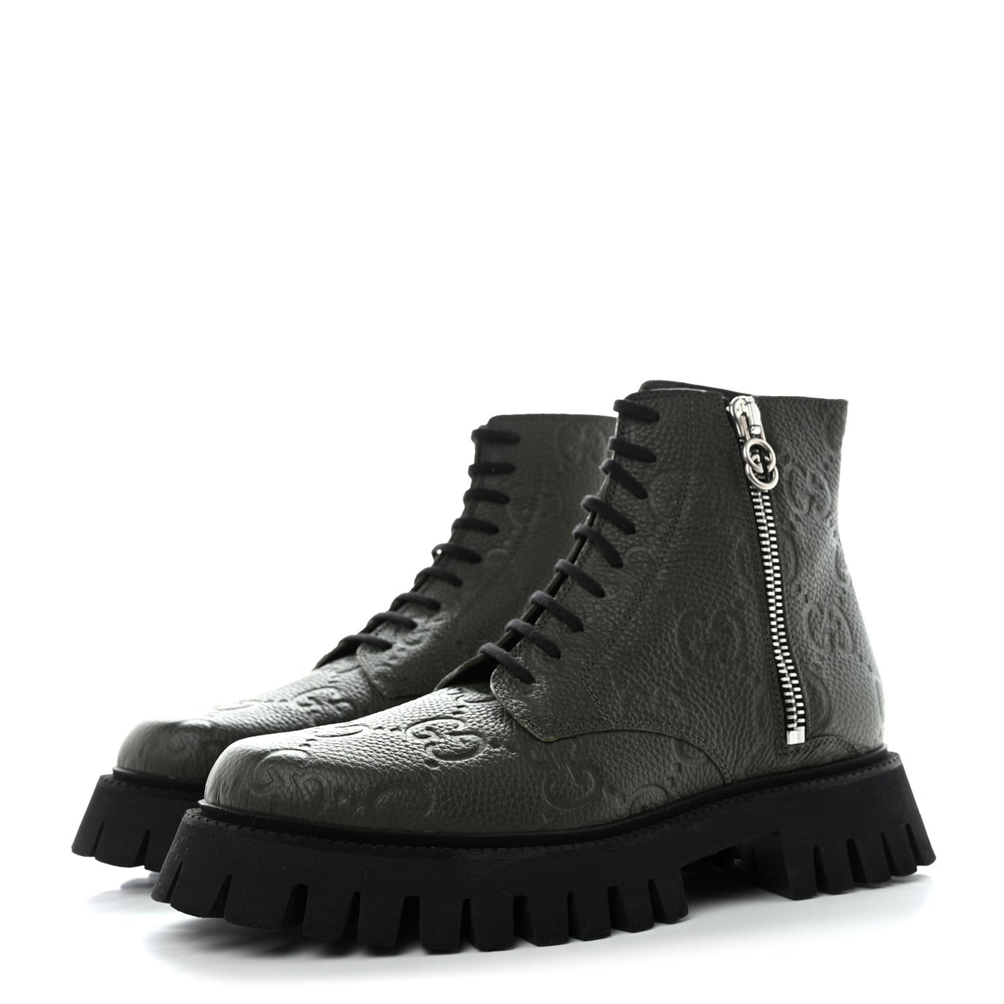 Calfskin Embossed Monogram Lace Up Ankle Boots 8 Green