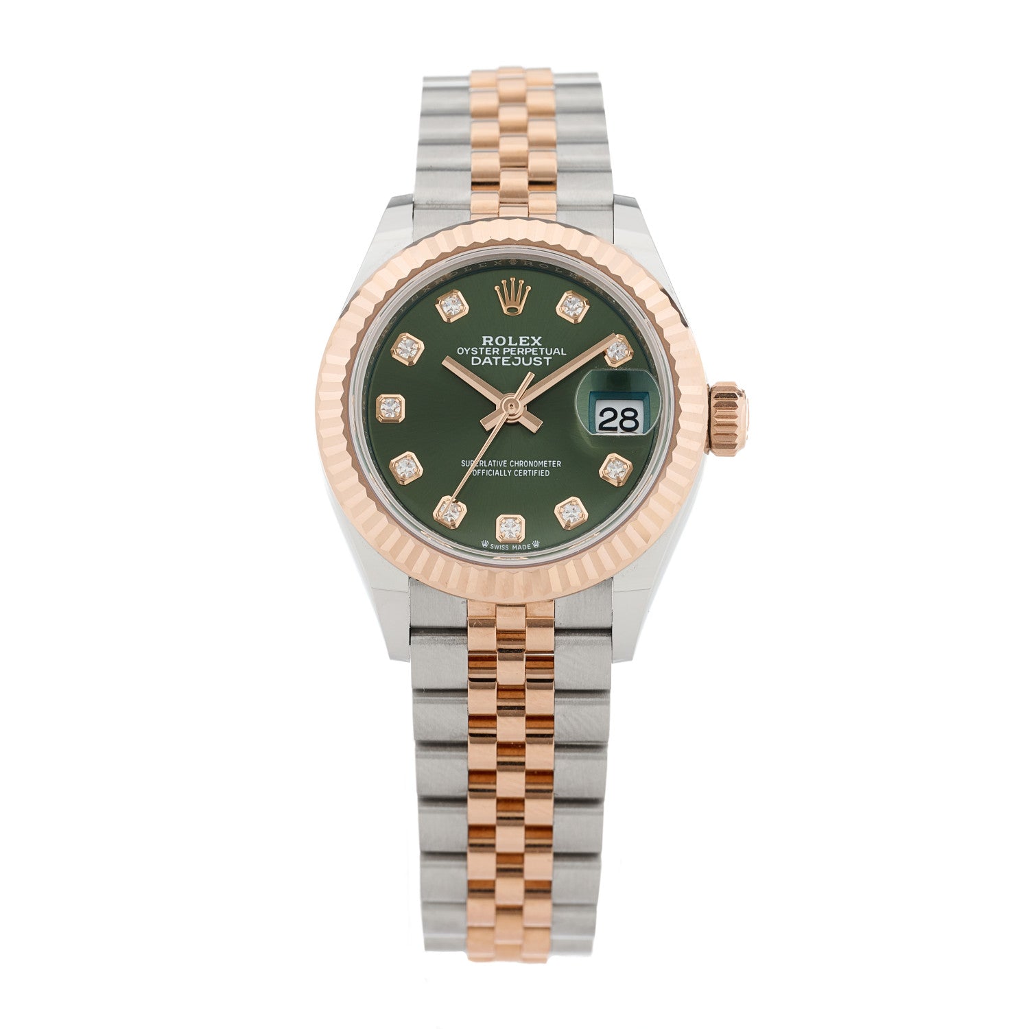 Rolex Stainless Steel 18K Everose Gold Diamond 28mm Oyster Perpetual Datejust Watch Green 279171 1 of 5