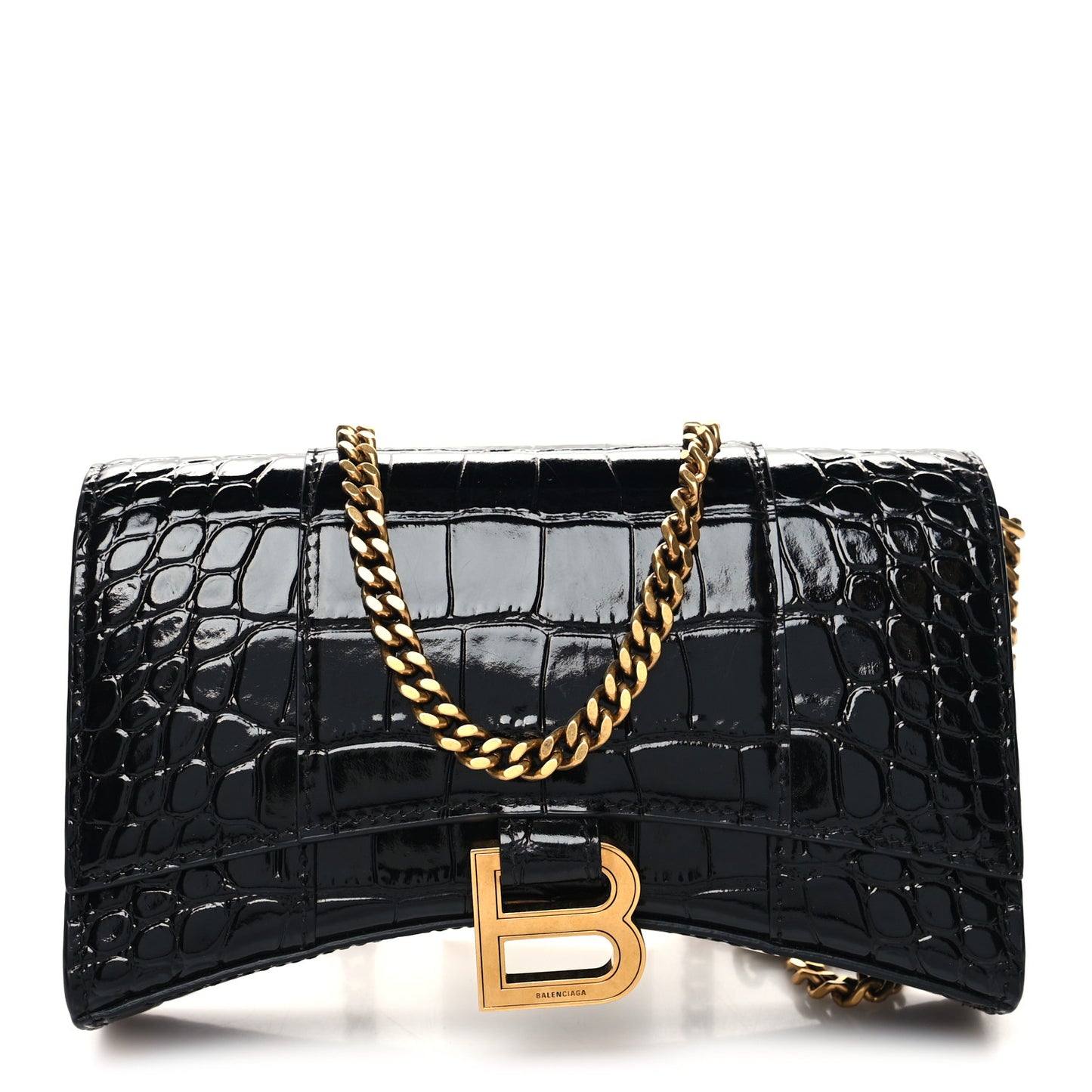Shiny Calfskin Crocodile Embossed Hourglass Chain Bag Black