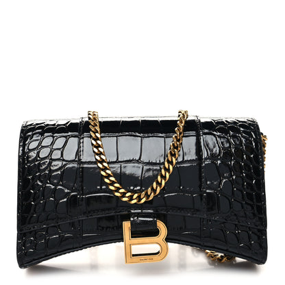 Balenciaga Shiny Calfskin Crocodile Embossed Hourglass Chain Bag Black 1 of 9