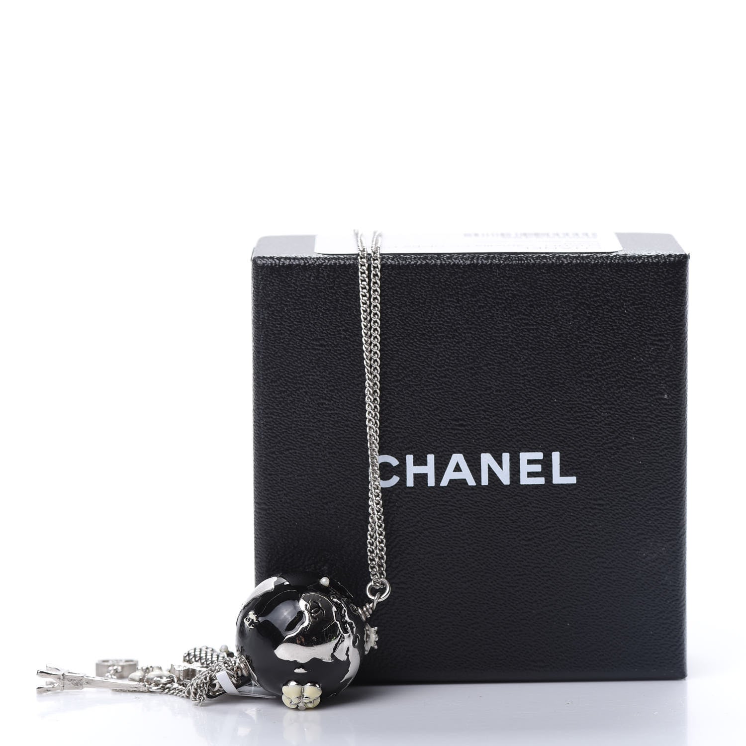 Chanel Camellia CC Globe Drop Pendant Necklace Black Silver 7 of 7