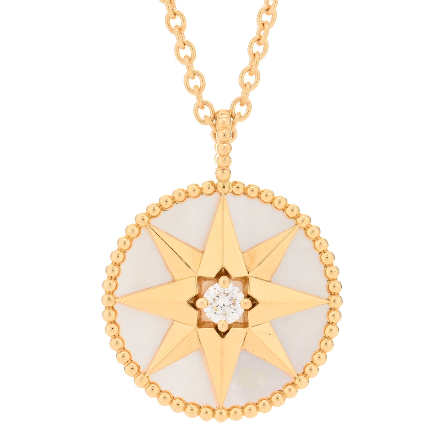 18K Yellow Gold Diamond Mother of Pearl Rose Des Vents Medallion Necklace