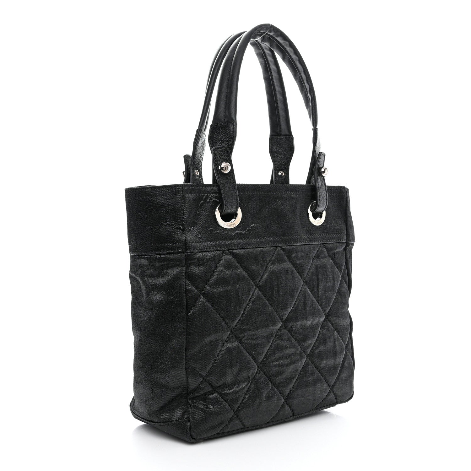 Chanel Metallic Coated Canvas Quilted Small Paris Biarritz Tote Black 3 of 10