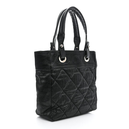 Chanel Metallic Coated Canvas Quilted Small Paris Biarritz Tote Black 3 of 10