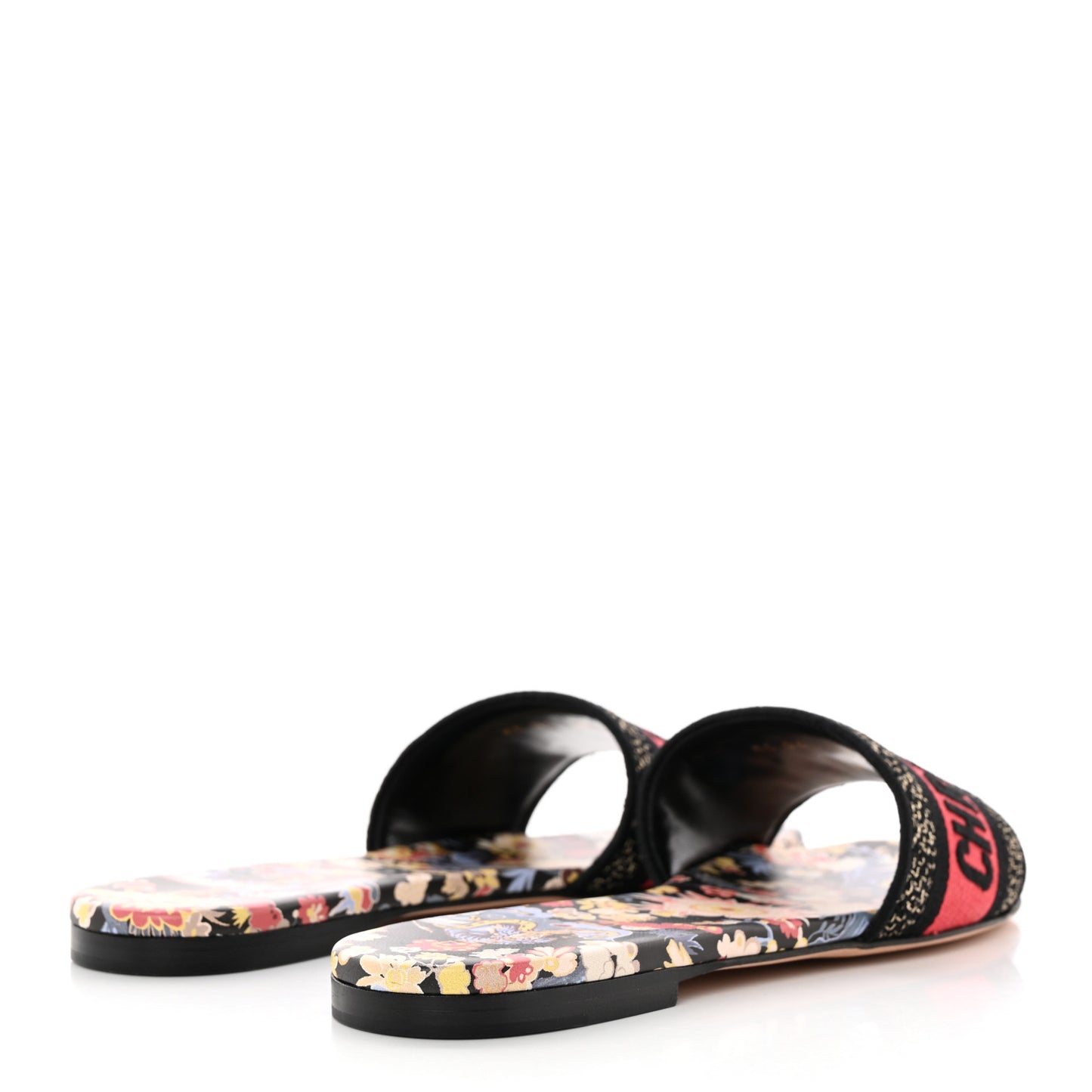 Canvas Toile de Jouy Pop Embroidered Dway Flat Slide Sandals 37 Black Multicolor