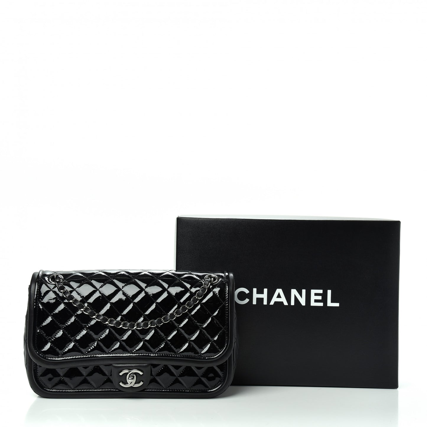 Patent Quilted Jumbo Classic Twist Flap Bag Black