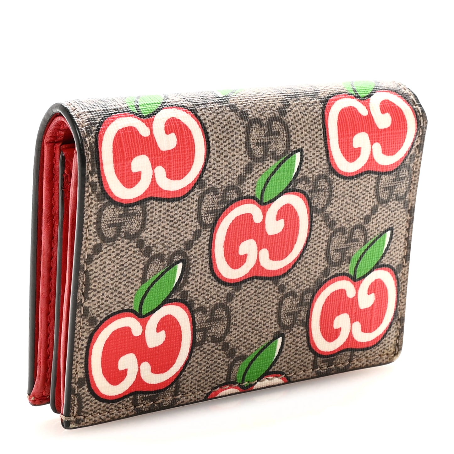 GG Supreme Monogram Apple Card Case Wallet Beige Multicolor Lobster Red