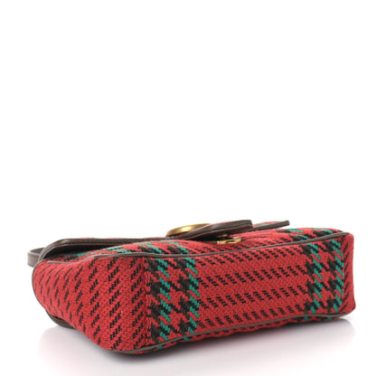 Gucci Wool Tweed Textured Dollar Calfskin Matelasse Diagonal Plaid Small GG Marmont Shoulder Bag Red Green Multicolor New Acero 3 of 8