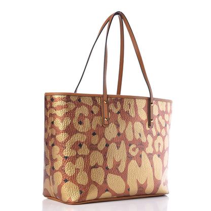 MCM Visetos Metallic Leopard Print Medium Anya Shopper Tote Cognac 4 of 9