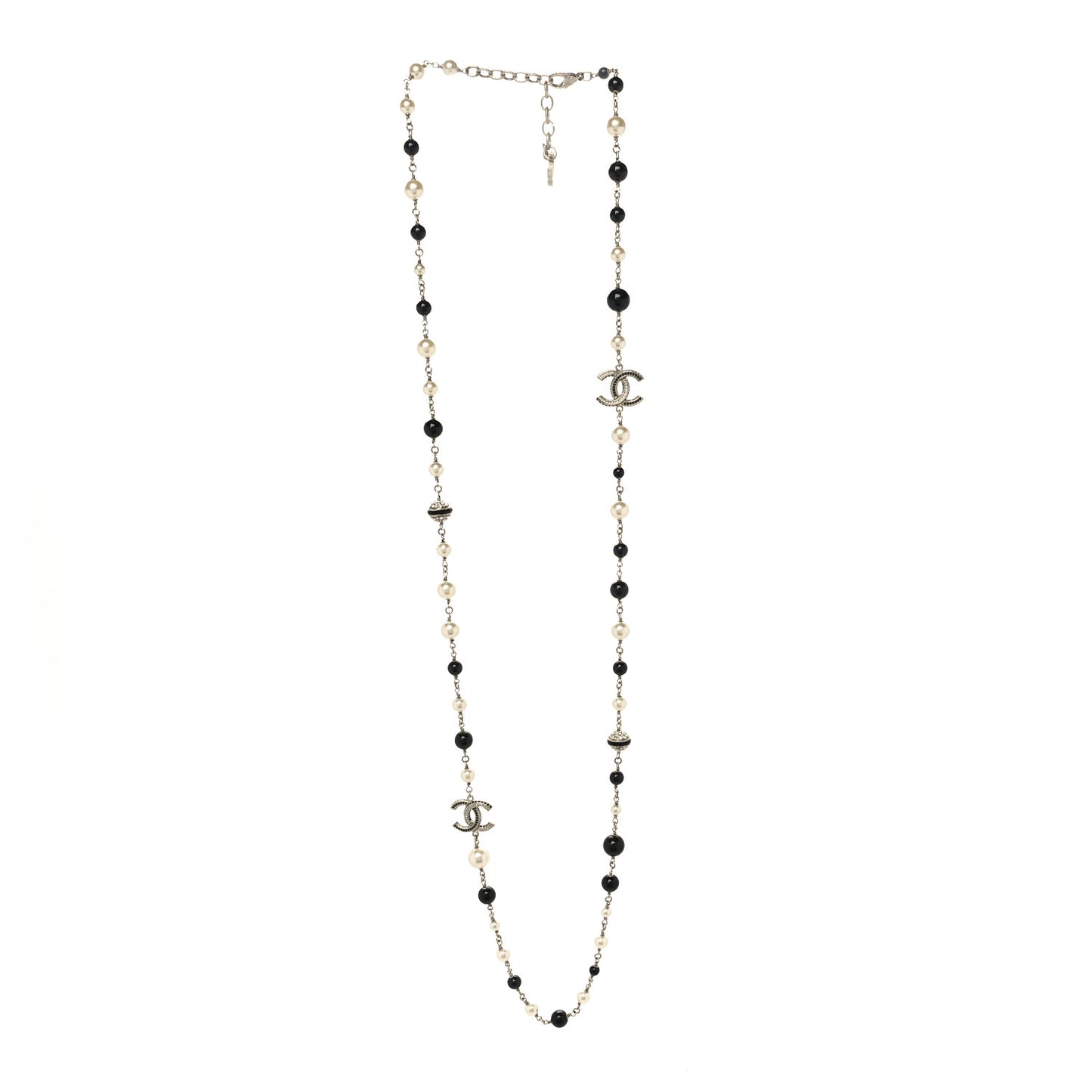 Metal Pearl Crystal Bead CC Long Necklace Silver Black