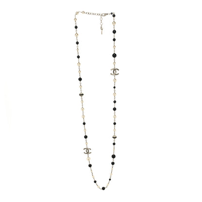 Chanel Metal Pearl Crystal Bead CC Long Necklace Silver Black 3 of 6
