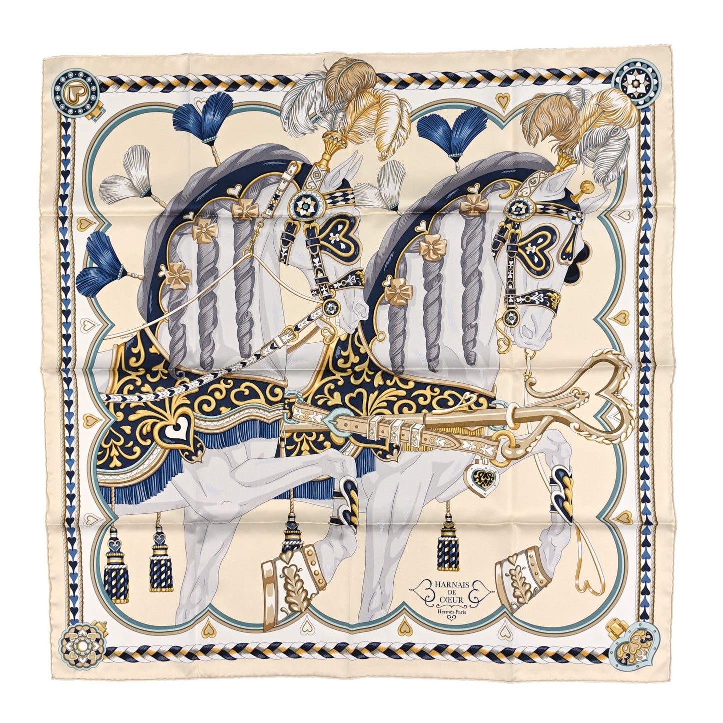 Silk Harnais De Cour Scarf 90 Creme Marine Gold