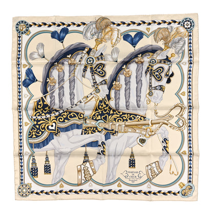 Hermes Silk Harnais De Cour Scarf 90 Creme Marine Gold 1 of 3