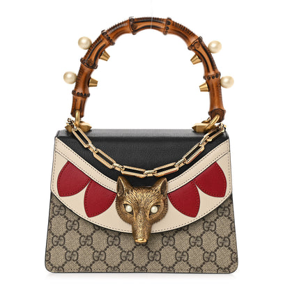 Gucci GG Supreme Monogram Goatskin Pearl Mini Fox Broche Bamboo Top Handle Bag Beige Ebony Black Hibiscus Red Mystic White 1 of 11