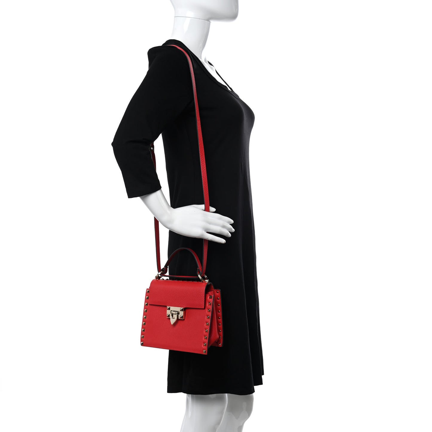 Pebbled Calfskin Rockstud Overlay Flap Top Handle Bag Rouge Pur