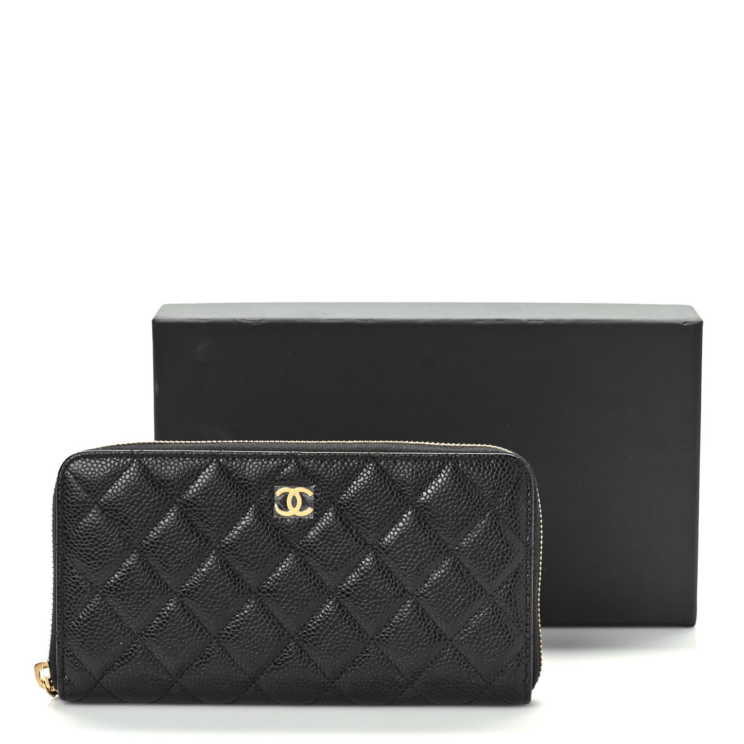 Caviar Quilted Large Zip Around Wallet Black