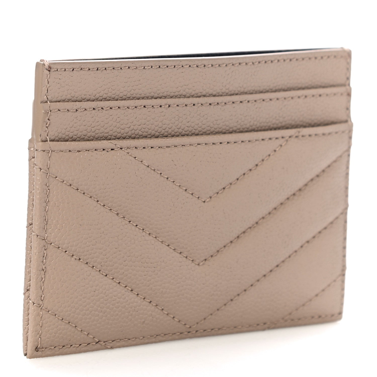 Saint Laurent Grain De Poudre Matelasse Chevron Monogram Credit Card Case Dark Beige 3 of 10