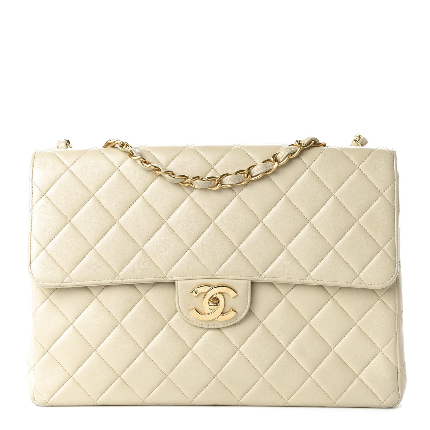 Lambskin Quilted Maxi Single Flap Beige