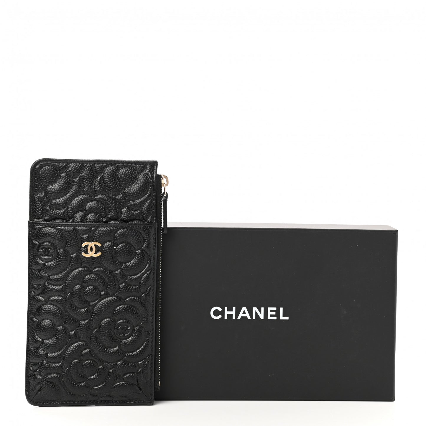 Caviar Camellia Embossed Classic Flat Wallet Pouch Black
