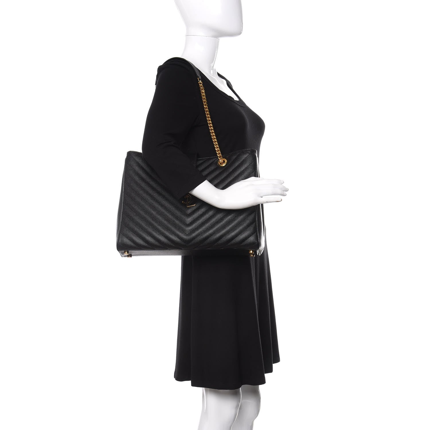 Saint Laurent Grain De Poudre Matelasse Chevron Monogram Shopping Bag Black 2 of 12