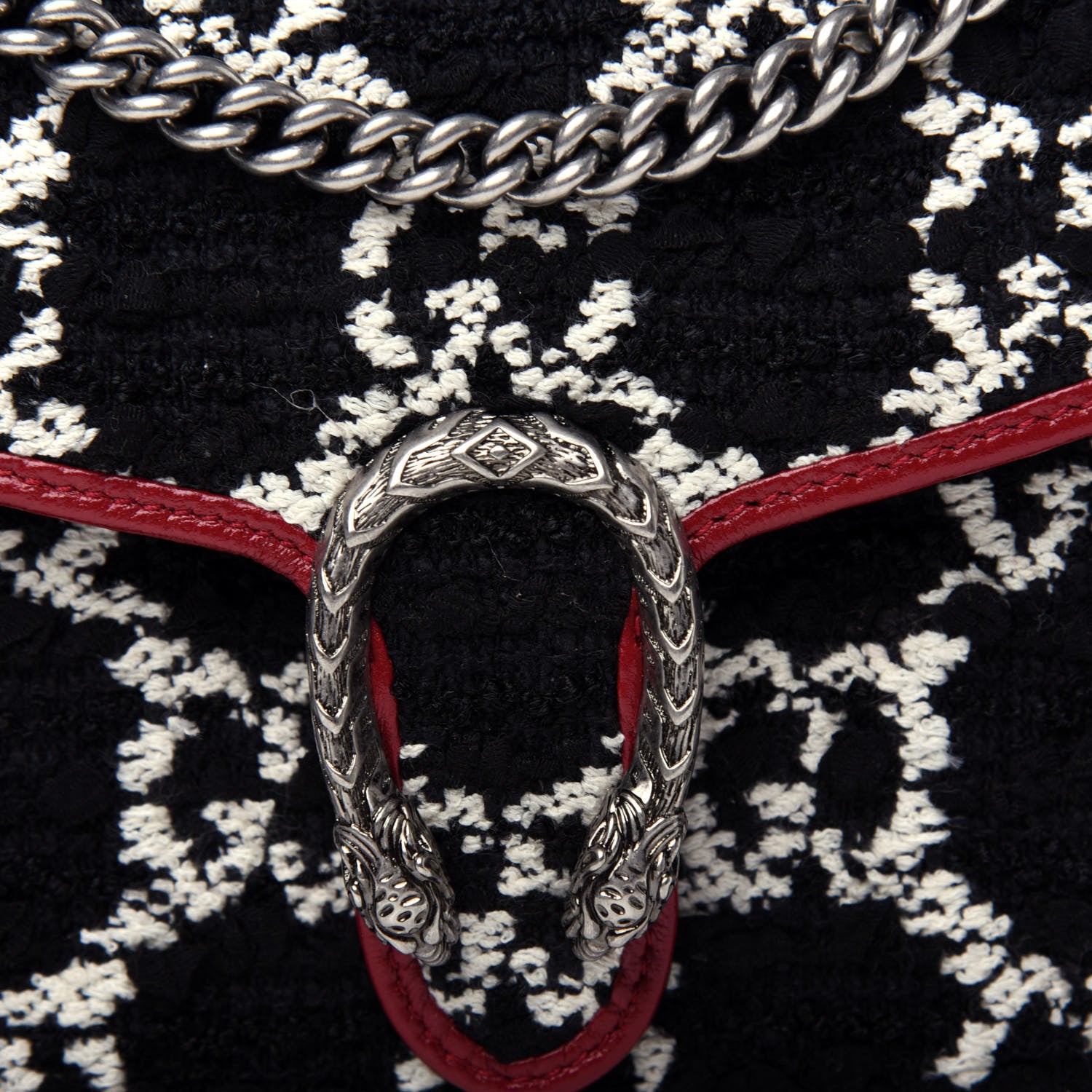 Gucci Tweed GG Monogram Mini Dionysus Chain Wallet Black White Romantic Cherry 10 of 10