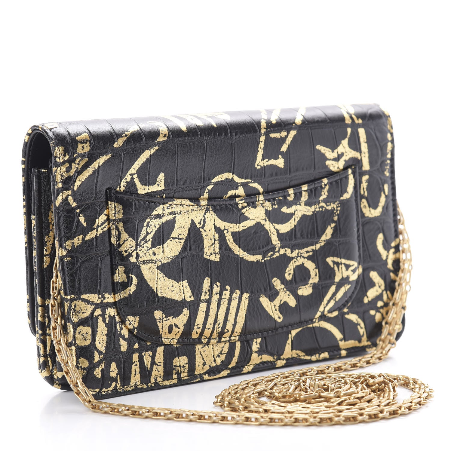 Chanel Calfskin Crocodile Embossed Graffiti 2.55 Cocodile Reissue Wallet On Chain WOC Black Gold 3 of 14