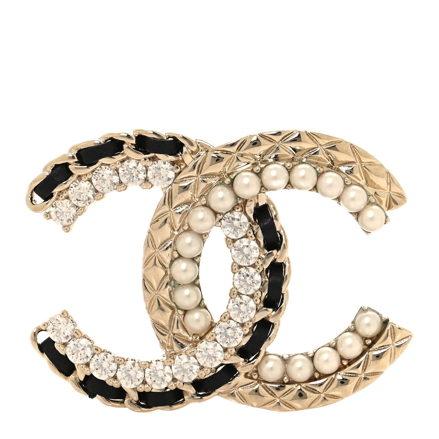 Chanel Lambskin Pearl Crystal Quilted CC Brooch Black Gold Black 1 of 4