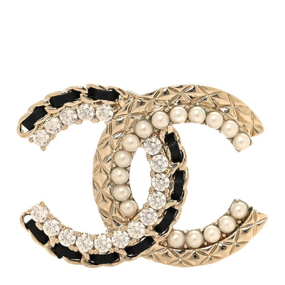 Chanel Lambskin Pearl Crystal Quilted CC Brooch Black Gold Black 1 of 4