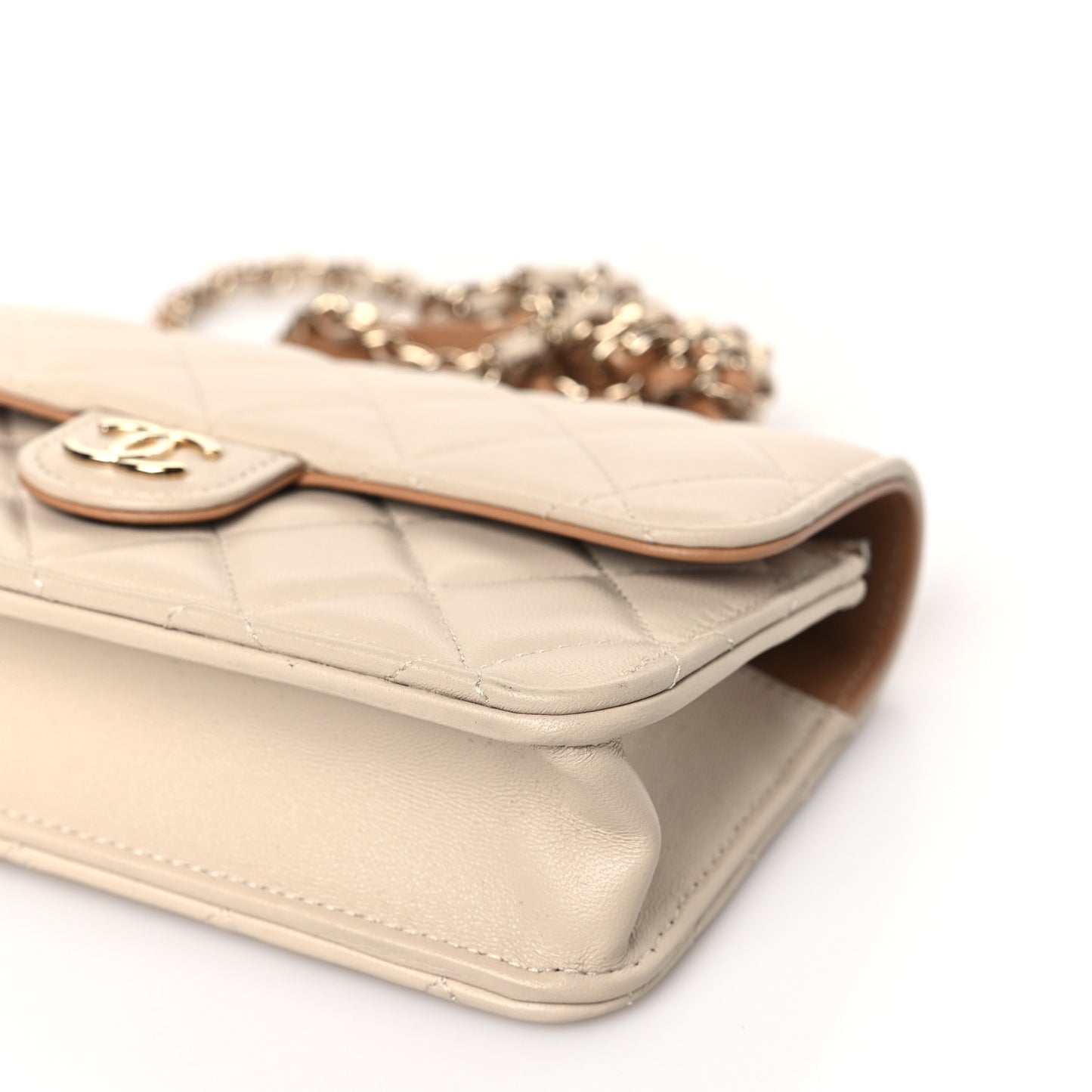 Lambskin Quilted Flap Phone Holder With Chain Beige Brown