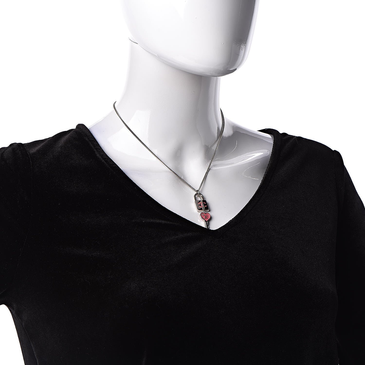 Chanel Padlock and Key CC Necklace Silver Pink 2 of 5