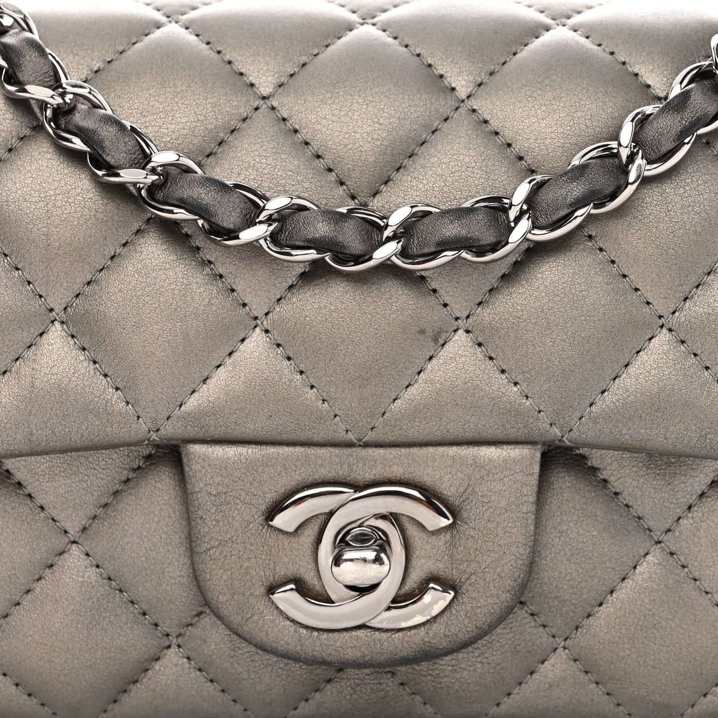 Metallic Calfskin Quilted Mini Rectangular Flap Ruthenium