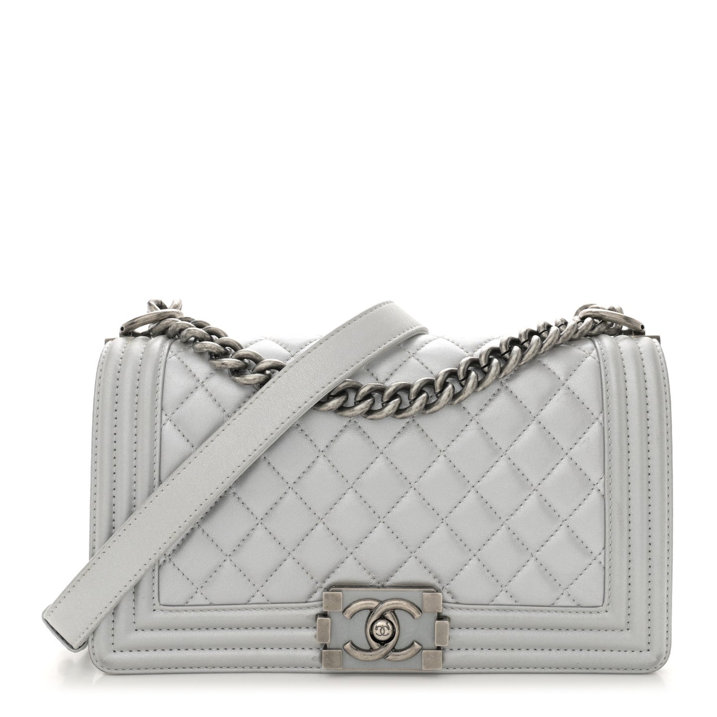 Metallic Lambskin Quilted Medium Boy Flap Silver