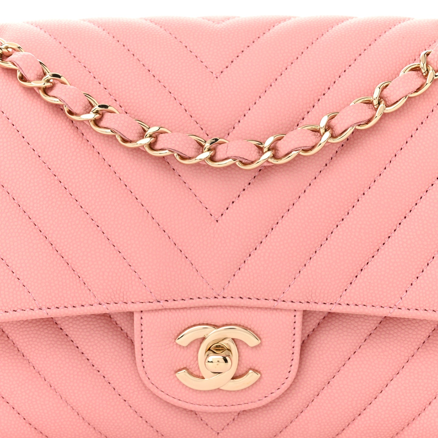Caviar Flat Chevron Quilted Medium Double Flap Pink