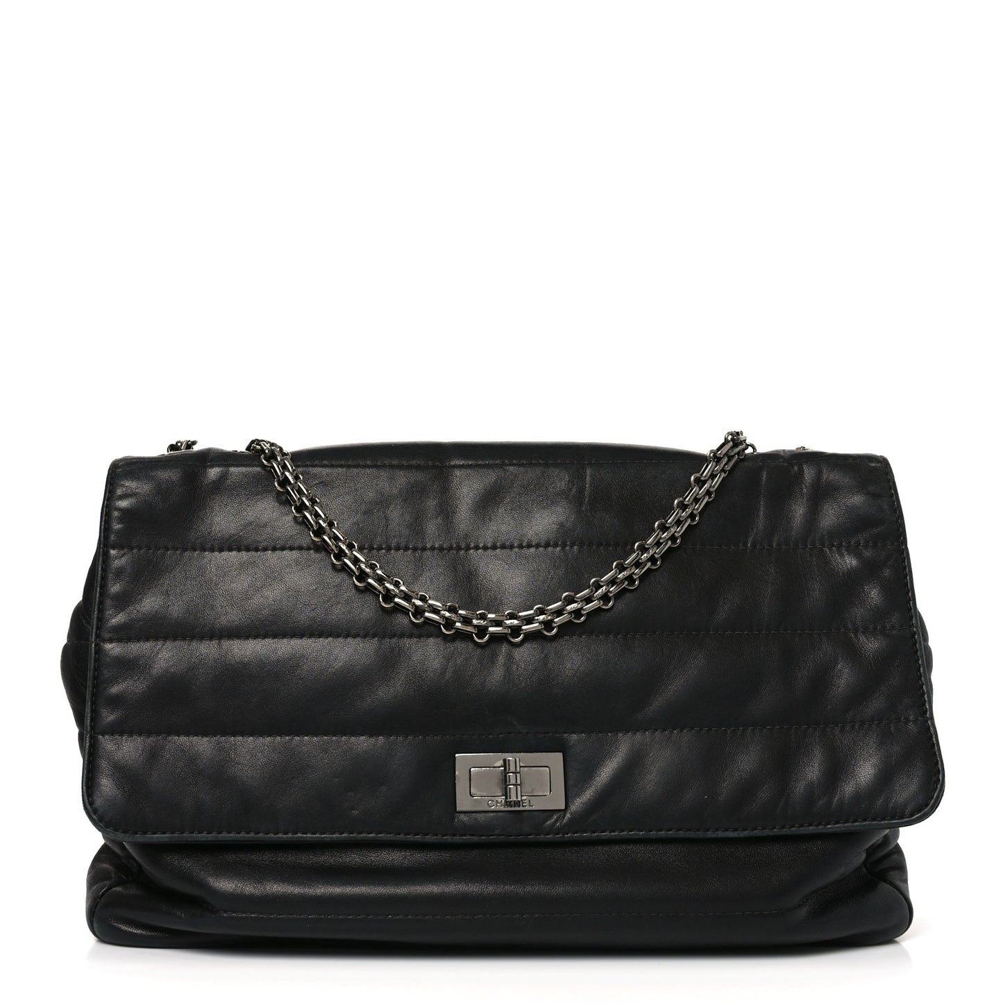 Lambskin Horizontal Quilt Jumbo Mademoiselle Flap Black