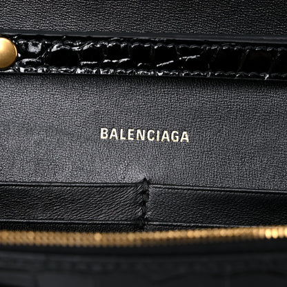 Balenciaga Shiny Calfskin Crocodile Embossed Hourglass Chain Bag Black 5 of 13