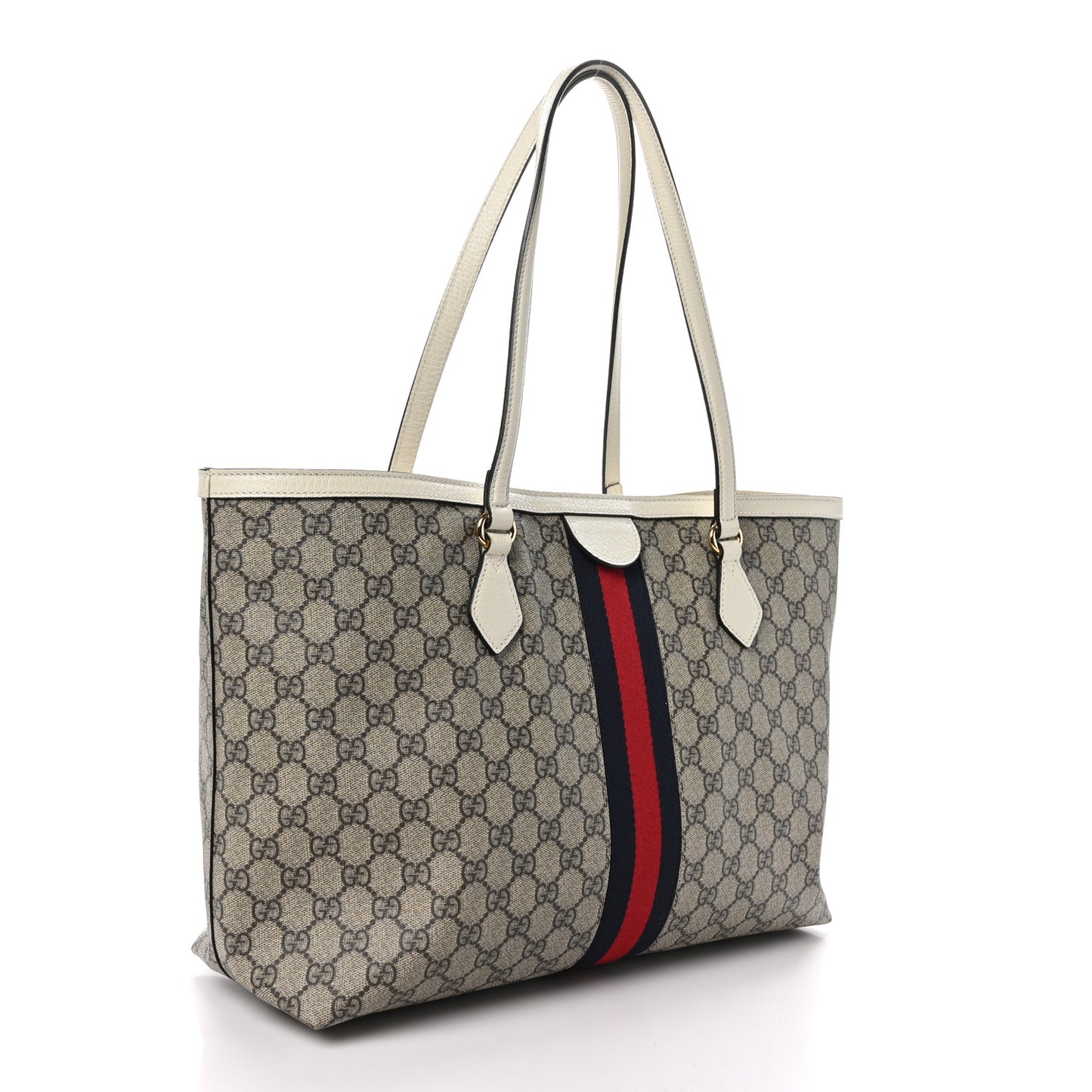 GG Supreme Monogram Textured Dollar Calfskin Web Medium Ophidia Shopping Tote Beige Ebony Mystic White