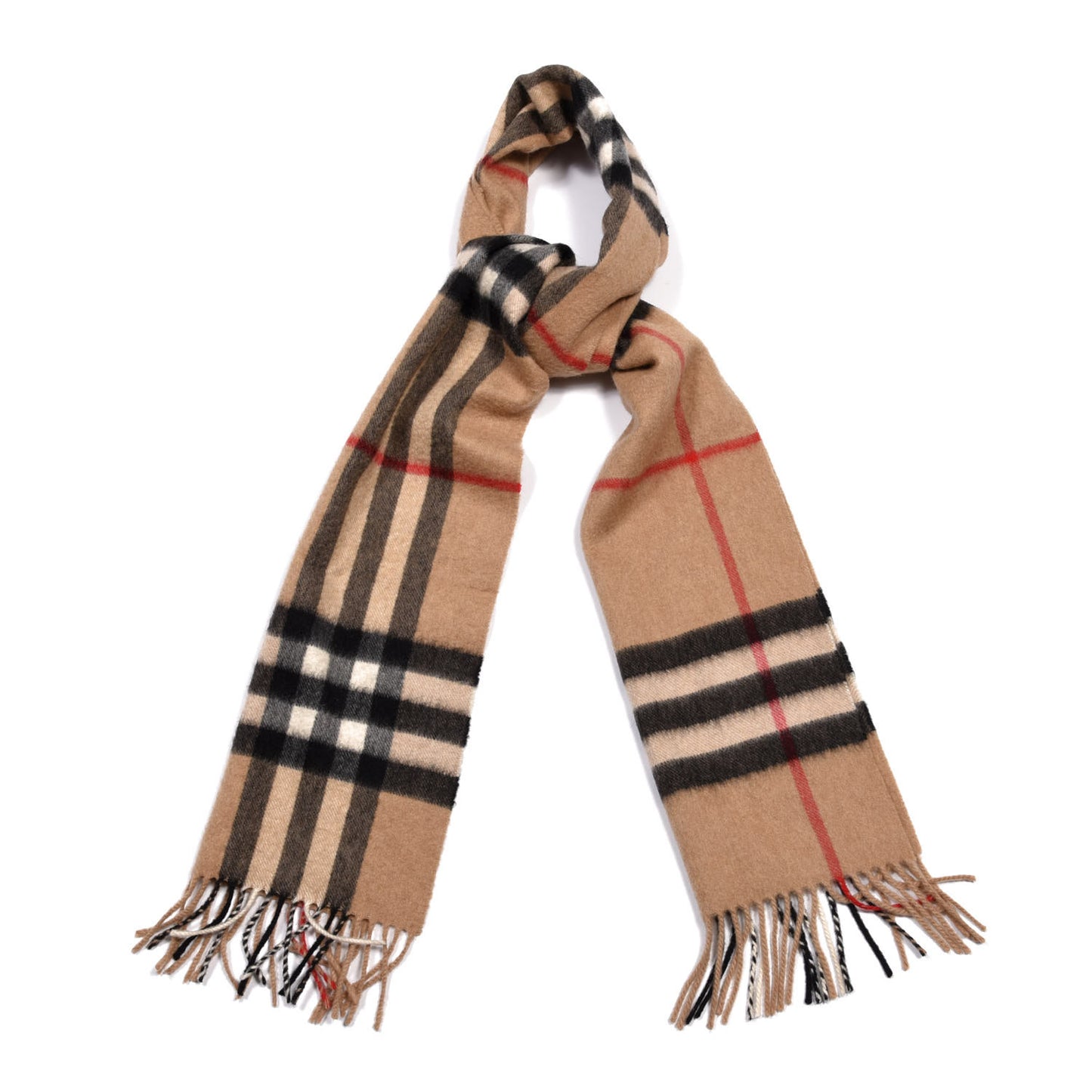 Cashmere Giant Check Fringe Scarf Camel
